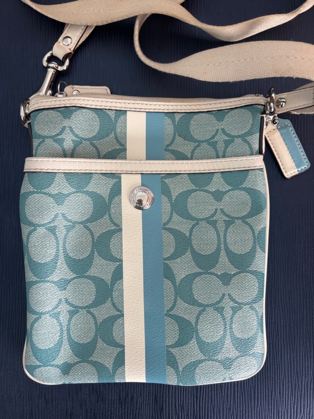 Coach Heritage Signuture Strip Blue Cream Crossbody Bag